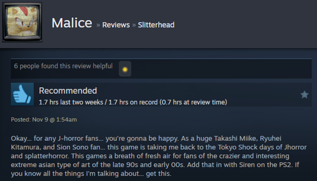 Screenshot showing a Steam user review of Slitterhead.